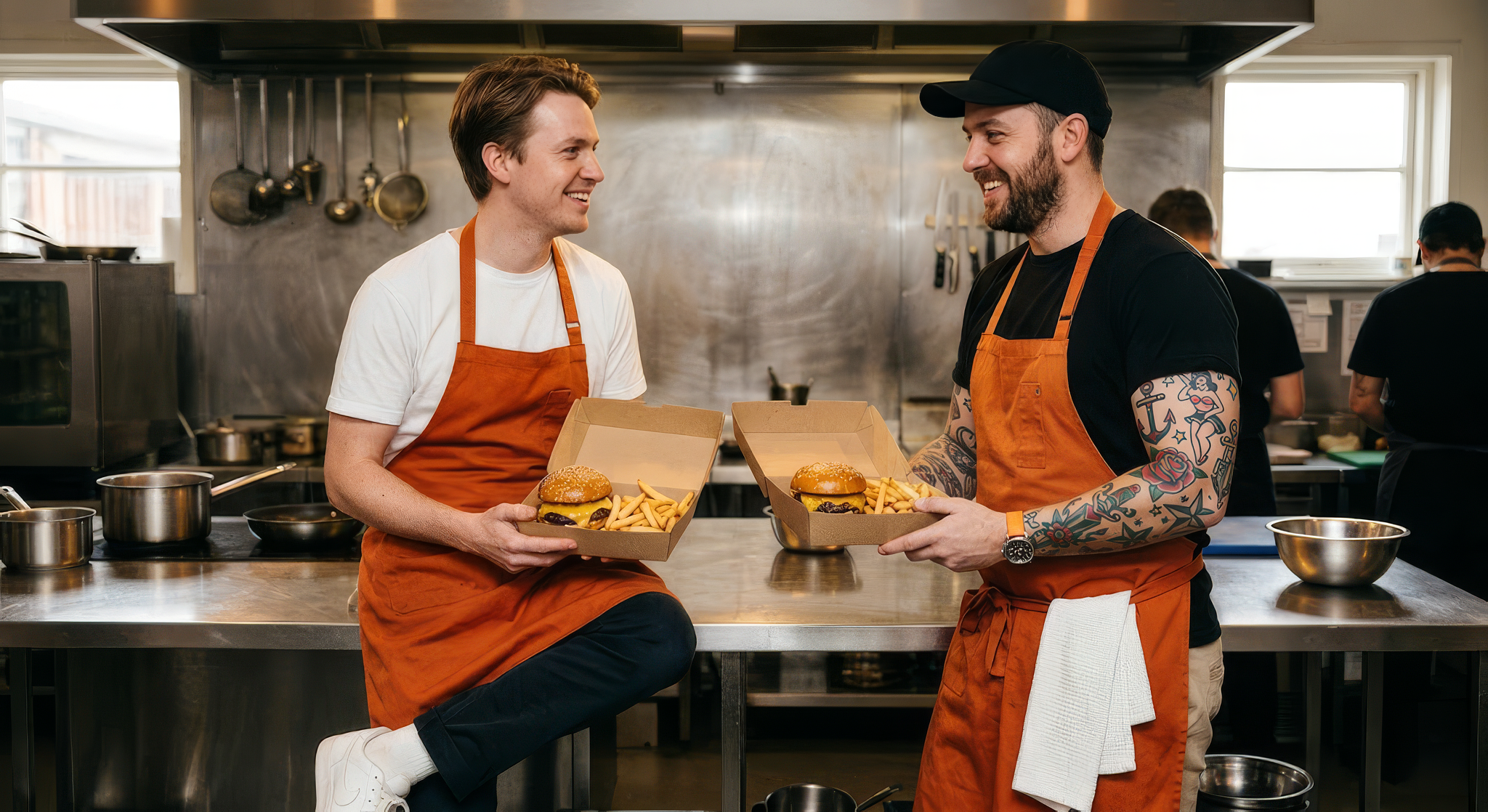 Dois cozinheiros com aventais cor de laranja sorriem enquanto seguram caixas com hambúrgueres e batatas fritas numa cozinha profissional